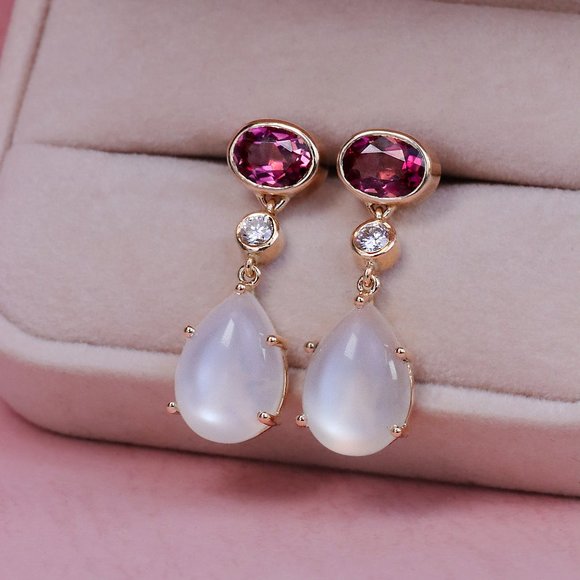 18k Yellow Gold Tourmaline, Diamond and Moonstone Earrings - Picture 1 of 4